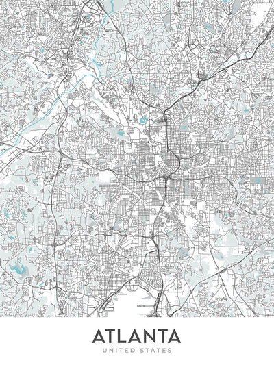 Mapa moderno de la ciudad de Atlanta, GA: Inman Park, Midtown, Acuario de Georgia, I-20, I-75