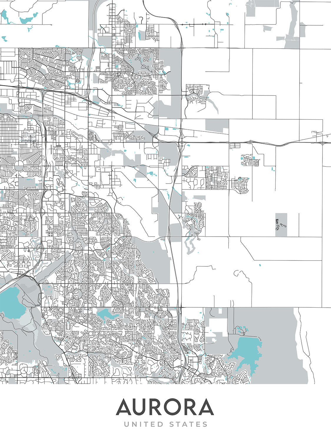 Modern City Map of Aurora, CO: Aurora Hills, Cherry Creek, Fitzsimons, I-225, Buckley AFB