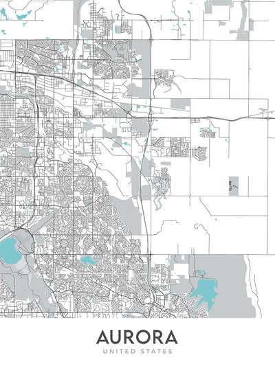 Moderner Stadtplan von Aurora, CO: Aurora Hills, Cherry Creek, Fitzsimons, I-225, Buckley AFB