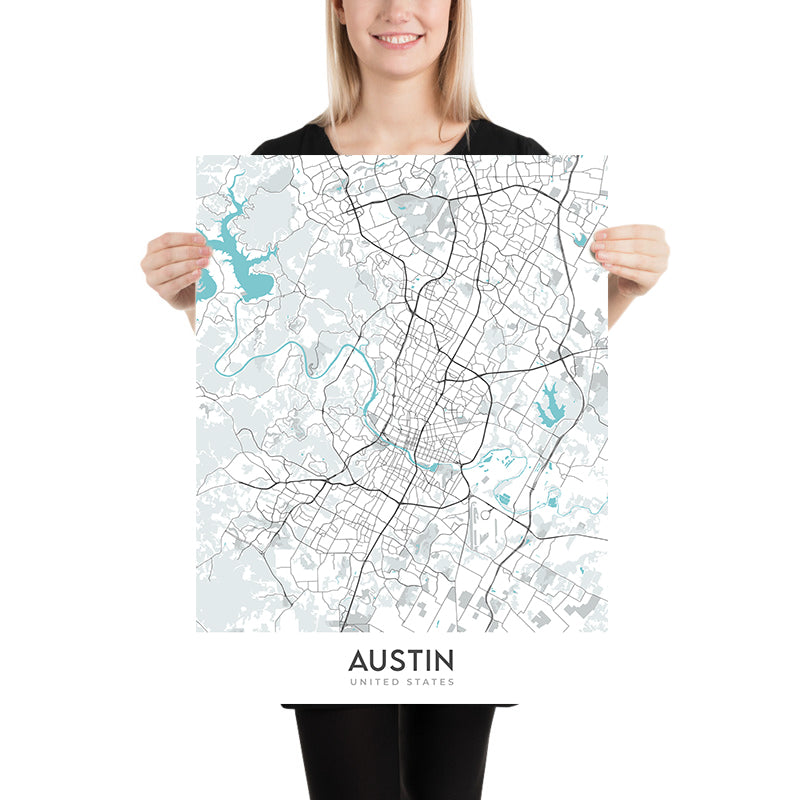 Mappa della città moderna di Austin, TX: Centro, Università del Texas, Parco Zilker, I-35, US-183 