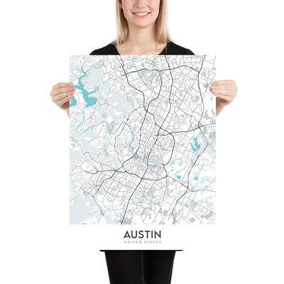 Plan de la ville moderne d'Austin, Texas : centre-ville, Université du Texas, Zilker Park, I-35, US-183