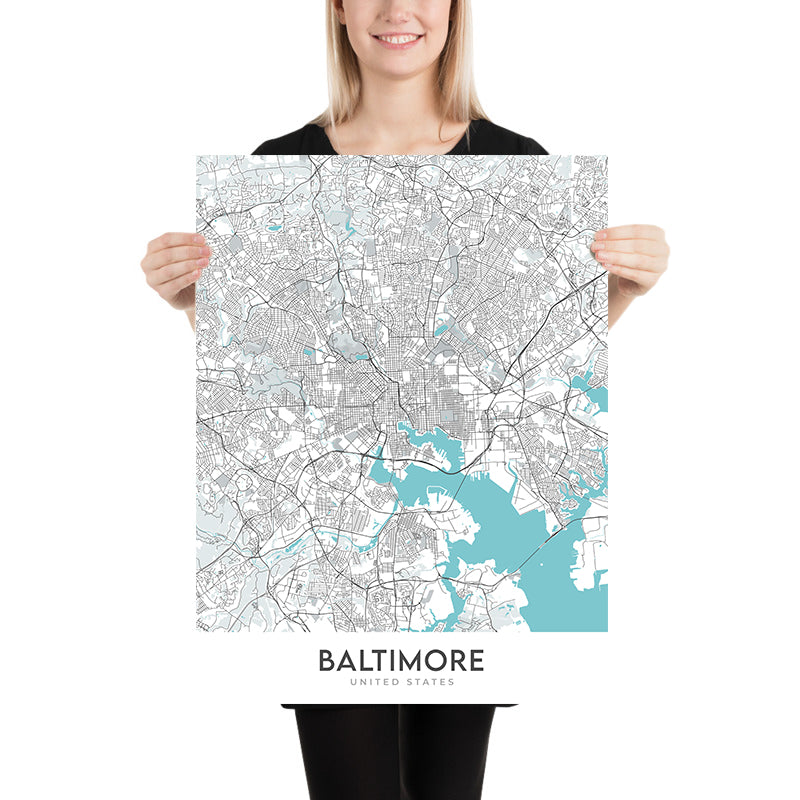 Mapa moderno de la ciudad de Baltimore, MD: Inner Harbor, Oriole Park, U. de Maryland