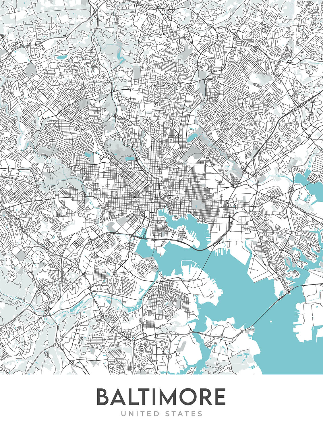 Modern City Map of Baltimore, MD: Inner Harbor, Oriole Park, U. of Maryland