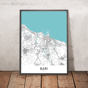 Mapa moderno de la ciudad de Bari, Italia: Bari Vecchia, Basílica de San Nicola, Castello Normanno-Svevo, Piazza Mercantile, Strada Statale 16