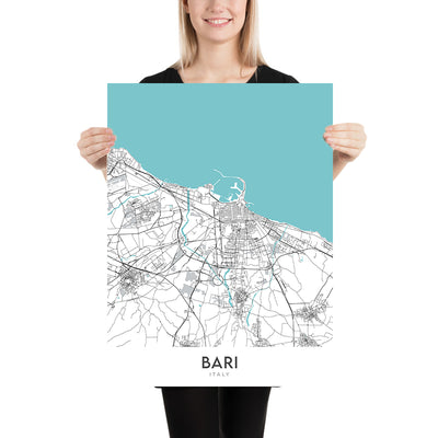 Mapa moderno de la ciudad de Bari, Italia: Bari Vecchia, Basílica de San Nicola, Castello Normanno-Svevo, Piazza Mercantile, Strada Statale 16