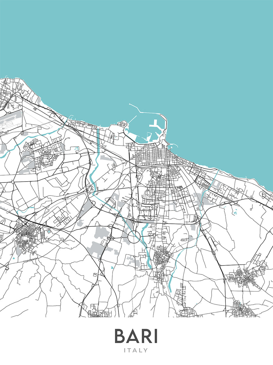 Mappa della città moderna di Bari, Italia: Bari Vecchia, Basilica di San Nicola, Castello Normanno-Svevo, Piazza Mercantile, Strada Statale 16 