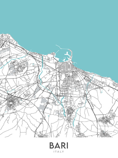 Modern City Map of Bari, Italy: Bari Vecchia, Basilica di San Nicola, Castello Normanno-Svevo, Piazza Mercantile, Strada Statale 16