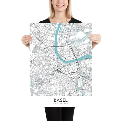 Plan de la ville moderne de Bâle, Suisse : Altstadt, cathédrale de Bâle, zoo, université, fleuve Rhin