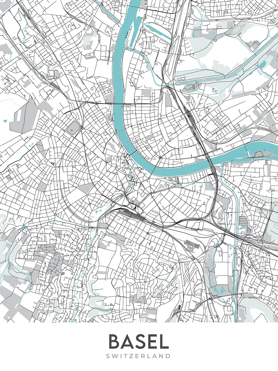 Plan de la ville moderne de Bâle, Suisse : Altstadt, cathédrale de Bâle, zoo, université, fleuve Rhin