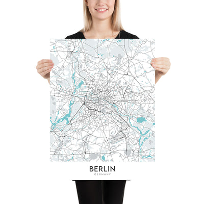 Mapa moderno de la ciudad de Berlín, Alemania: Puerta de Brandenburgo, Reichstag, Isla de los Museos, Charlottenburg, Tiergarten
