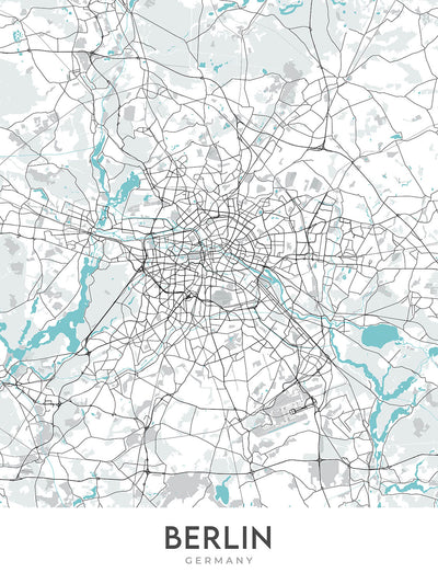 Modern City Map of Berlin, Germany: Brandenburg Gate, Reichstag, Museum Island, Charlottenburg, Tiergarten