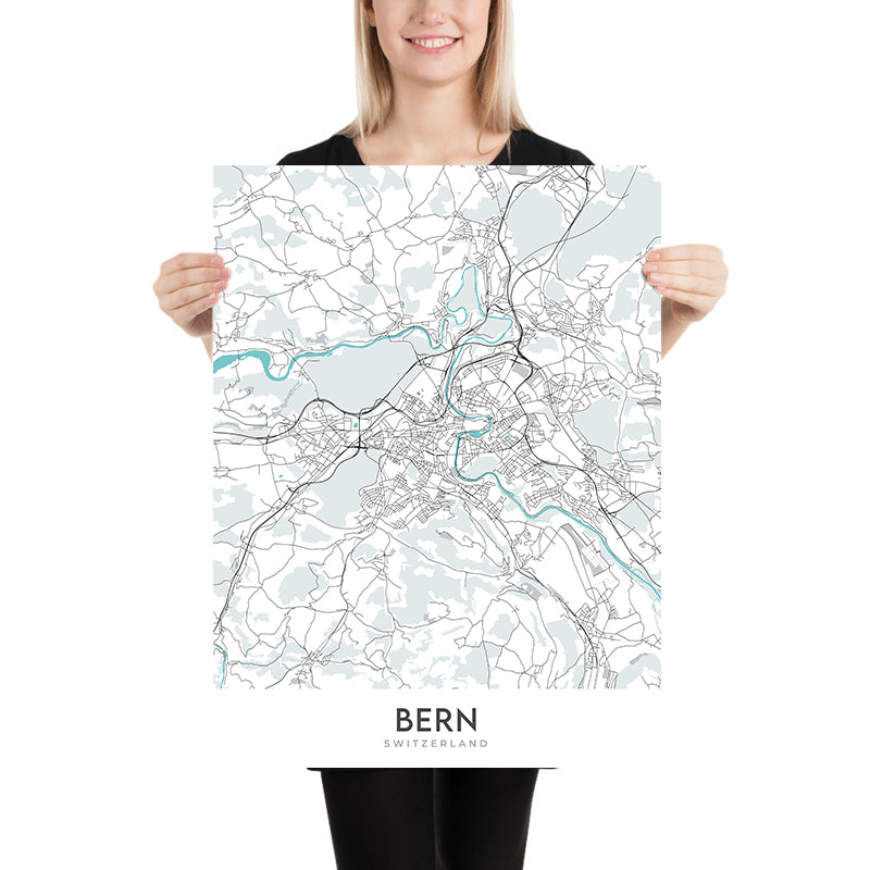 Plan de la ville moderne de Berne, Suisse : Palais fédéral, tour de l'horloge, rivière Aare, Breitenrain-Lorraine, Länggasse-Felsenau