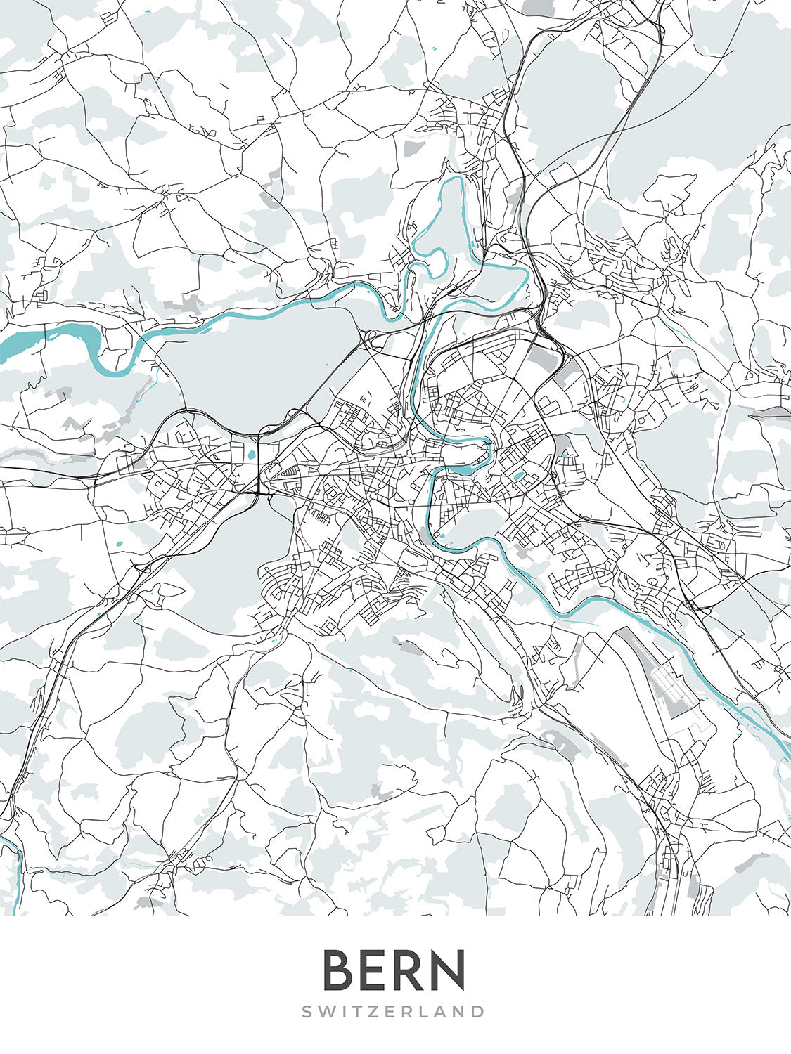 Modern City Map of Bern, Switzerland: Bundeshaus, Clock Tower, Aare River, Breitenrain-Lorraine, Länggasse-Felsenau