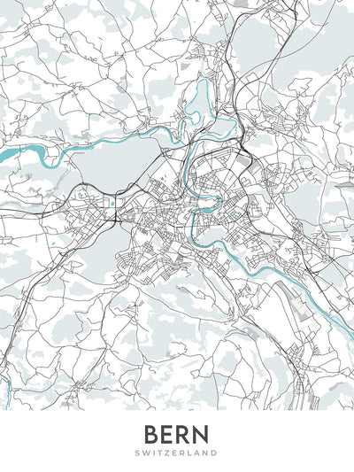 Mapa moderno de la ciudad de Berna, Suiza: Bundeshaus, Torre del Reloj, Río Aare, Breitenrain-Lorraine, Länggasse-Felsenau