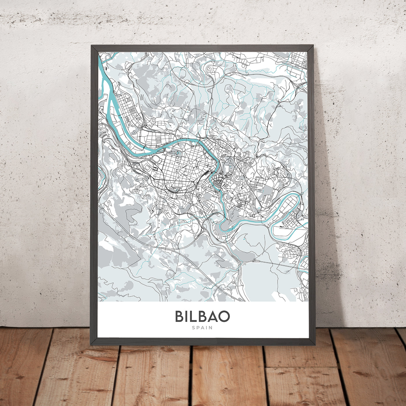 Mapa moderno de la ciudad de Bilbao, España: Guggenheim, Casco Viejo, Ensanche, Arriaga, Plaza Moyúa