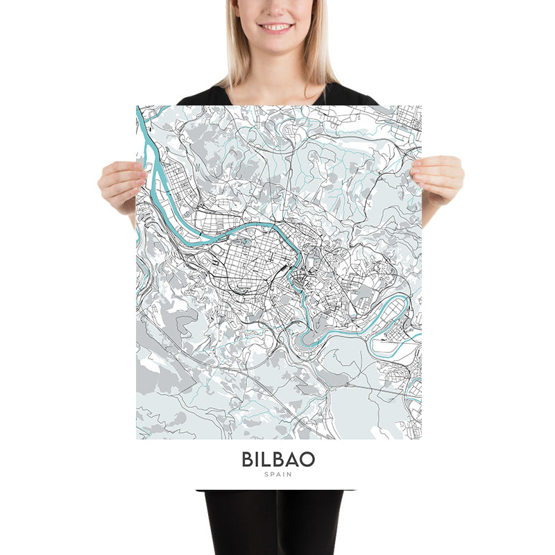Mappa moderna della città di Bilbao, Spagna: Guggenheim, Casco Viejo, Ensanche, Arriaga, Plaza Moyúa 