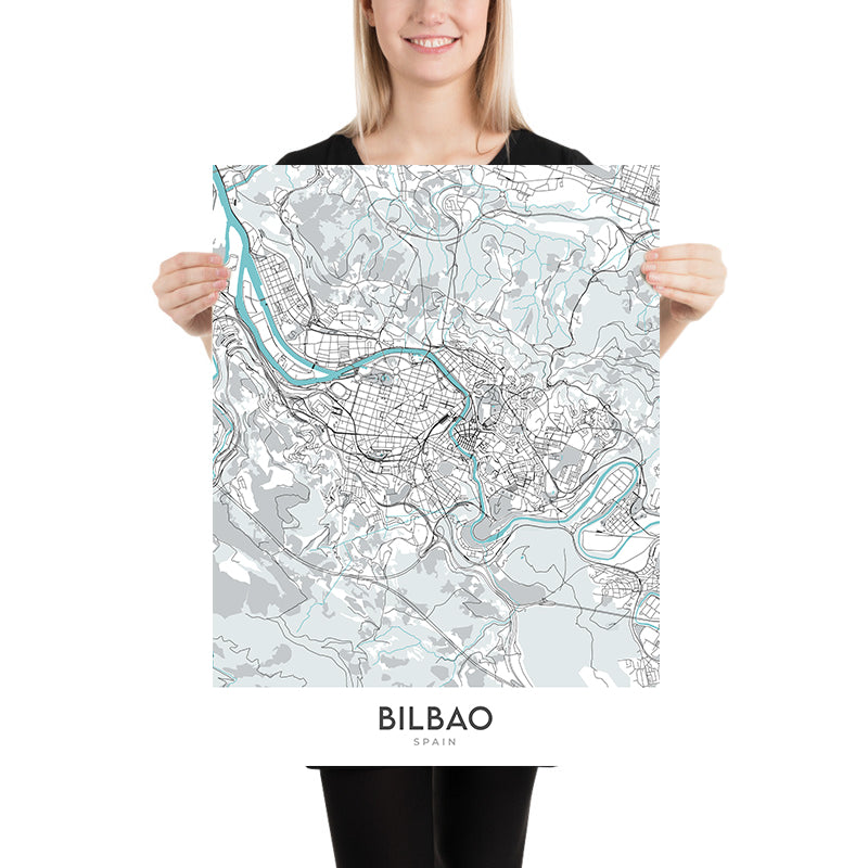 Plan de la ville moderne de Bilbao, Espagne : Guggenheim, Casco Viejo, Ensanche, Arriaga, Plaza Moyúa