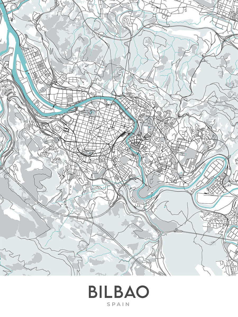 Mappa moderna della città di Bilbao, Spagna: Guggenheim, Casco Viejo, Ensanche, Arriaga, Plaza Moyúa 