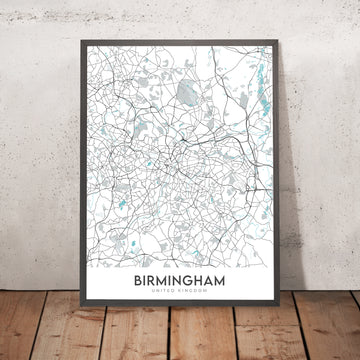 Moderne Stadtkarte von Birmingham, UK: Bournville, Moseley, Harborne, Sutton Coldfield, Stadtzentrum 