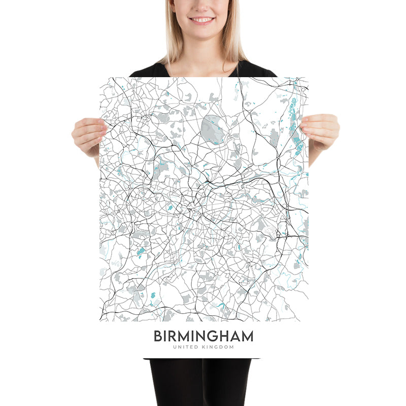Mapa moderno de la ciudad de Birmingham, Reino Unido: Bournville, Moseley, Harborne, Sutton Coldfield, Centro de la ciudad 