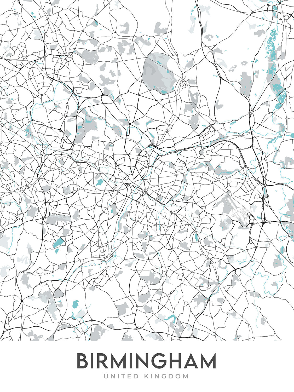 Mapa moderno de la ciudad de Birmingham, Reino Unido: Bournville, Moseley, Harborne, Catedral de Birmingham, Biblioteca de Birmingham
