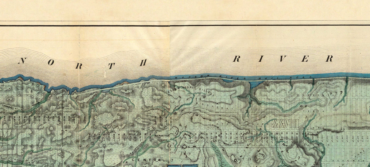 Ancienne carte des égouts et voies d'eau de Manhattan en 1865 par Ferdinand Mayer & Co - Hudson River, East River, Blackwells Island, NYC, Central Park