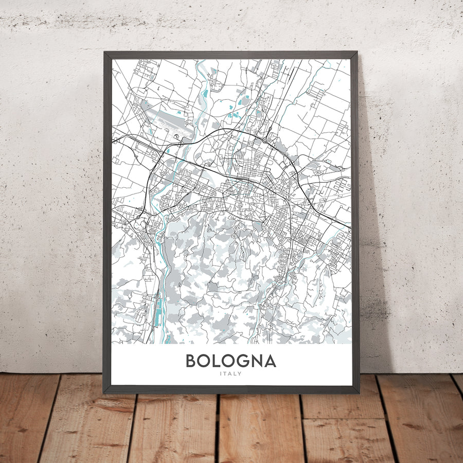 Mappa moderna della città di Bologna, Italia: Piazza Maggiore, Basilica di San Petronio, Torre degli Asinelli, Distretto Universitario, Zona Industriale 