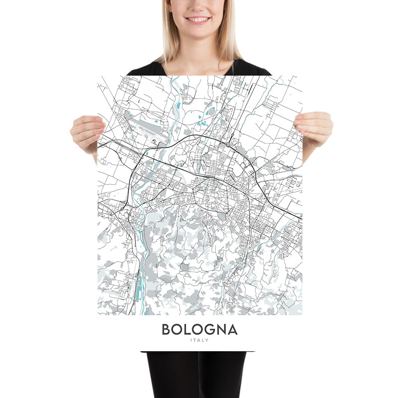 Plan de la ville moderne de Bologne, Italie : Piazza Maggiore, Basilique de San Petronio, Torre degli Asinelli, Quartier universitaire, Zone industrielle