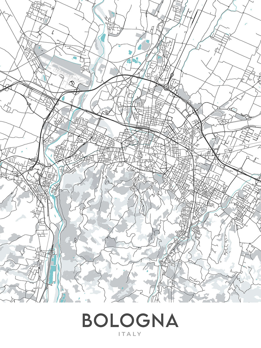 Mappa moderna della città di Bologna, Italia: Piazza Maggiore, Basilica di San Petronio, Torre degli Asinelli, Distretto Universitario, Zona Industriale 