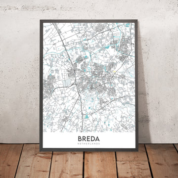 Plan de la ville moderne de Breda, Pays-Bas : Grote Kerk, Kasteel van Breda, Stedelijk Museum Breda, A16, A27