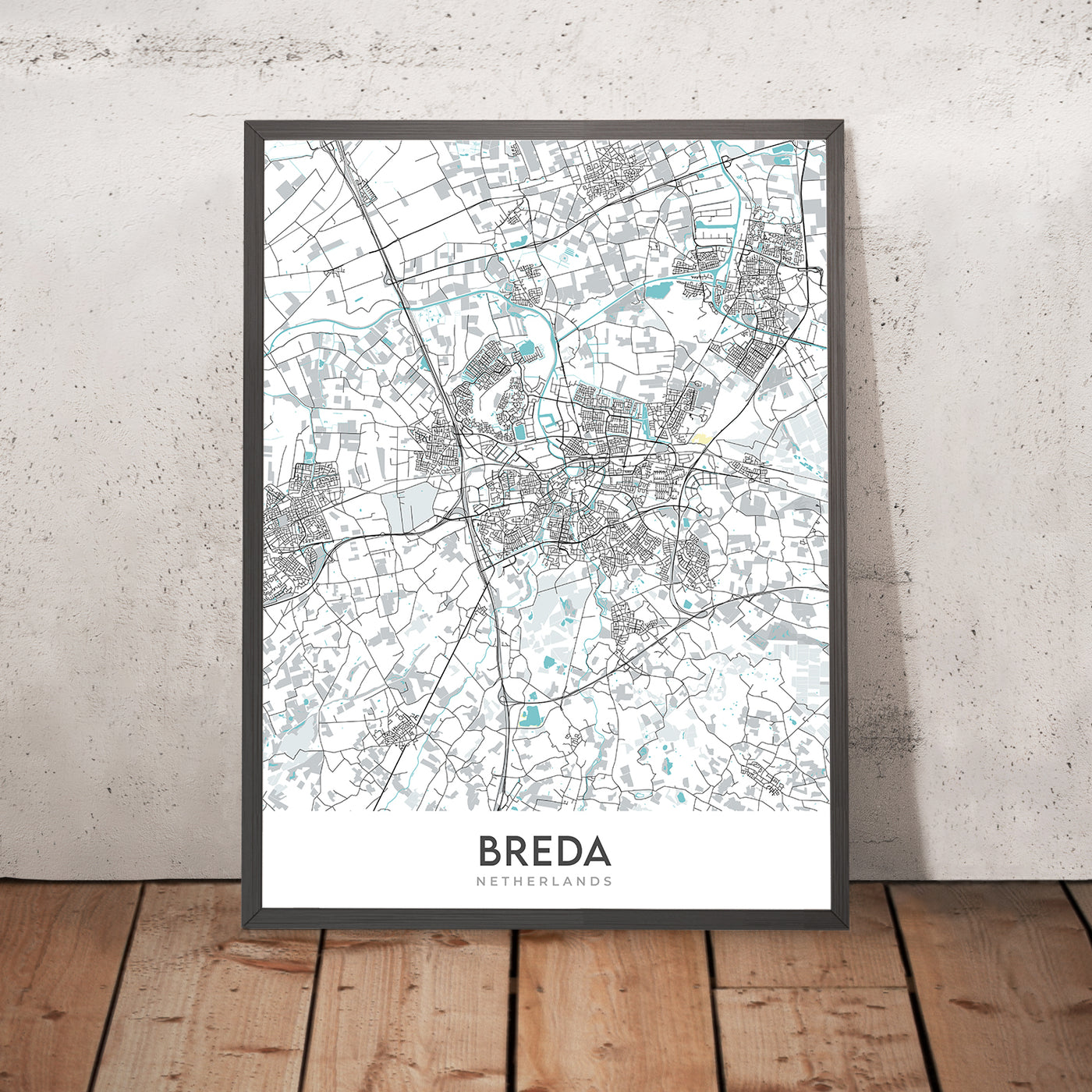 Moderner Stadtplan von Breda, Niederlande: Grote Kerk, Kasteel van Breda, Stedelijk Museum Breda, A16, A27