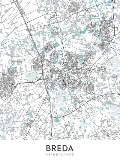 Modern City Map of Breda, Netherlands: Grote Kerk, Kasteel van Breda, Stedelijk Museum Breda, A16, A27