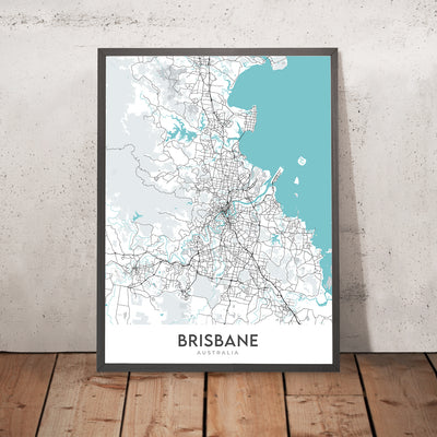 Mapa moderno de la ciudad de Brisbane, Australia: Ayuntamiento, Story Bridge, South Bank, UQ, aeropuerto