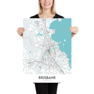 Plan de la ville moderne de Brisbane, Australie : hôtel de ville, Story Bridge, South Bank, UQ, aéroport