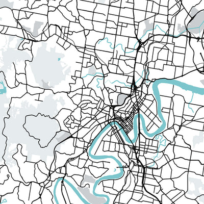 Plan de la ville moderne de Brisbane, Australie : hôtel de ville, Story Bridge, South Bank, UQ, aéroport