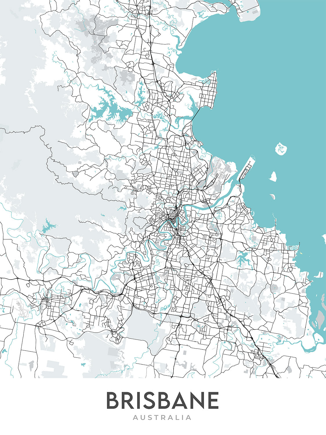 Moderner Stadtplan von Brisbane, Australien: Rathaus, Story Bridge, South Bank, UQ, Flughafen