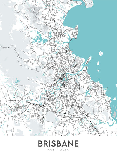 Mapa moderno de la ciudad de Brisbane, Australia: Ayuntamiento, Story Bridge, South Bank, UQ, aeropuerto