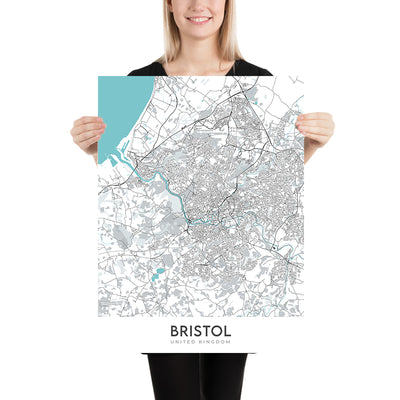 Plan de la ville moderne de Bristol, Royaume-Uni : pont suspendu de Clifton, SS Great Britain, cathédrale de Bristol, tour Cabot, zoo de Bristol