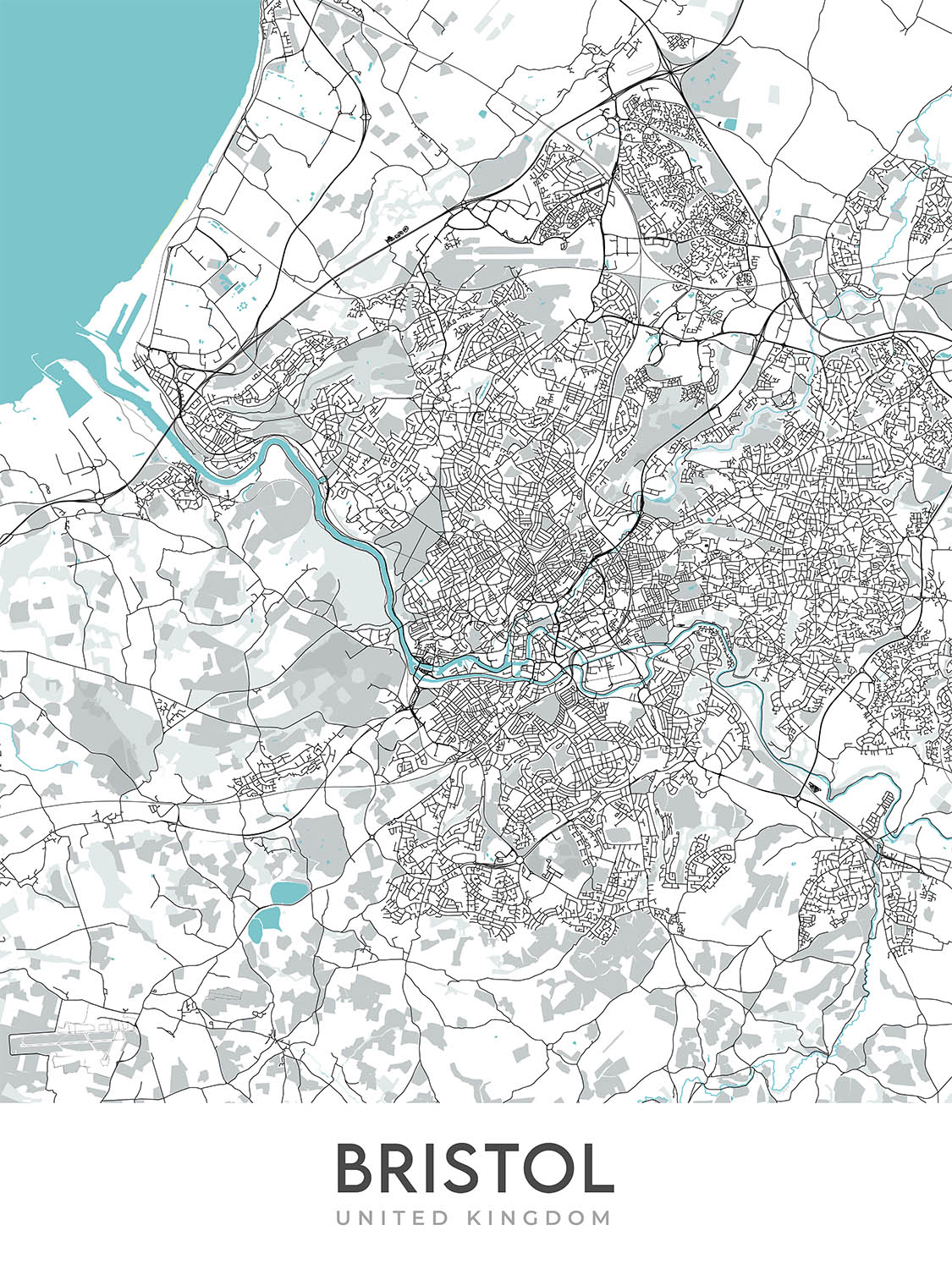 Mapa moderno de la ciudad de Bristol, Reino Unido: Puente colgante de Clifton, SS Gran Bretaña, Catedral de Bristol, Torre Cabot, Zoológico de Bristol