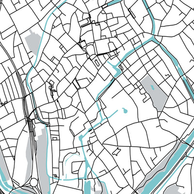 Mapa moderno de la ciudad de Brujas, Bélgica: campanario, basílica, mercado, Minnewater, Groeningemuseum