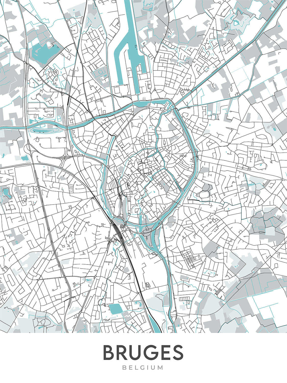 Mapa moderno de la ciudad de Brujas, Bélgica: campanario, basílica, mercado, Minnewater, Groeningemuseum