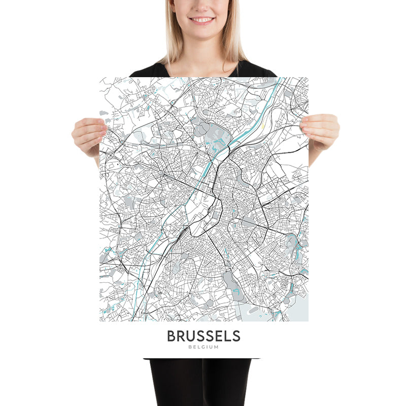 Moderner Stadtplan von Brüssel, Belgien: Grand Place, Atomium, Königspalast, Belgisches Parlament, Basilika des Heiligen Herzens