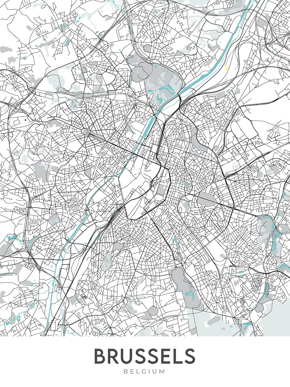 Moderner Stadtplan von Brüssel, Belgien: Grand Place, Atomium, Königspalast, Belgisches Parlament, Basilika des Heiligen Herzens