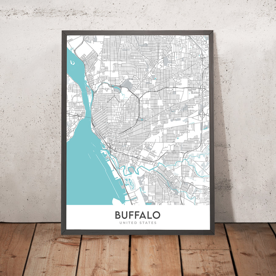 Mappa della città moderna di Buffalo, NY: Allentown, Delaware Park, Elmwood Village, First Niagara Center, Università di Buffalo 