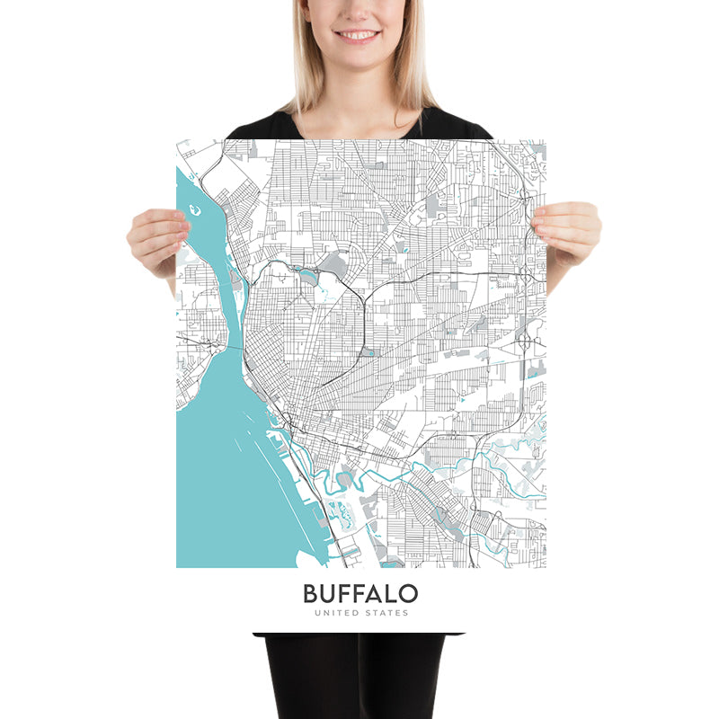 Mappa della città moderna di Buffalo, NY: Allentown, Delaware Park, Elmwood Village, First Niagara Center, Università di Buffalo 