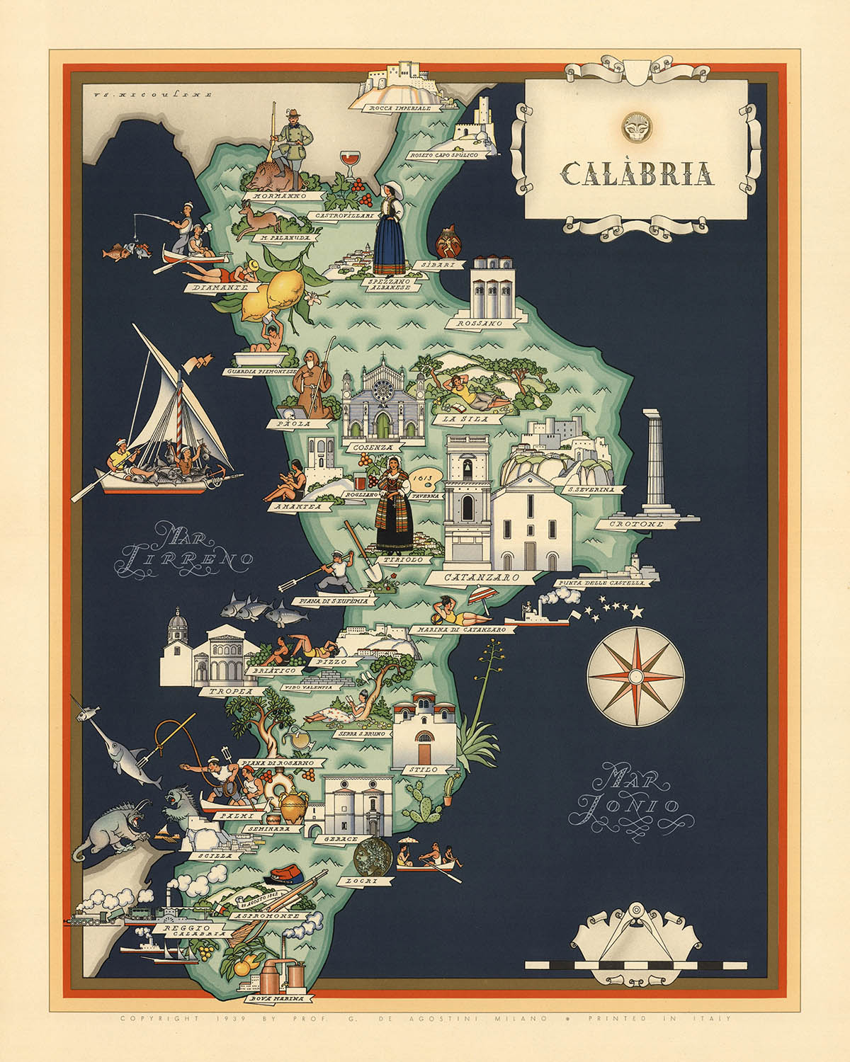 Mapa antiguo de Calabria por De Agostini, 1938: Cosenza, Catanzaro, Reggio di Calabria, PN Pollino, PN Sila