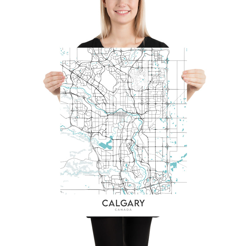 Mapa moderno de la ciudad de Calgary, AB: centro, torre de Calgary, parque Prince's Island, sendero Crowchild, sendero Glenmore