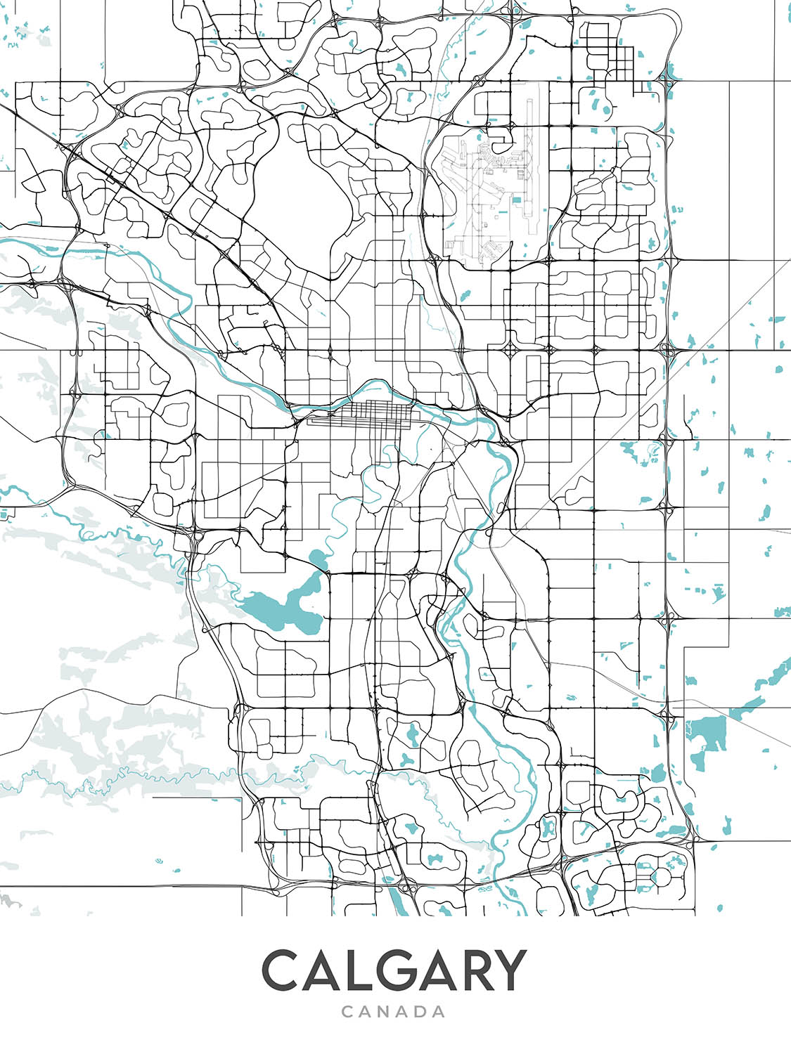 Moderner Stadtplan von Calgary, AB: Innenstadt, Calgary Tower, Prince's Island Park, Crowchild Trail, Glenmore Trail