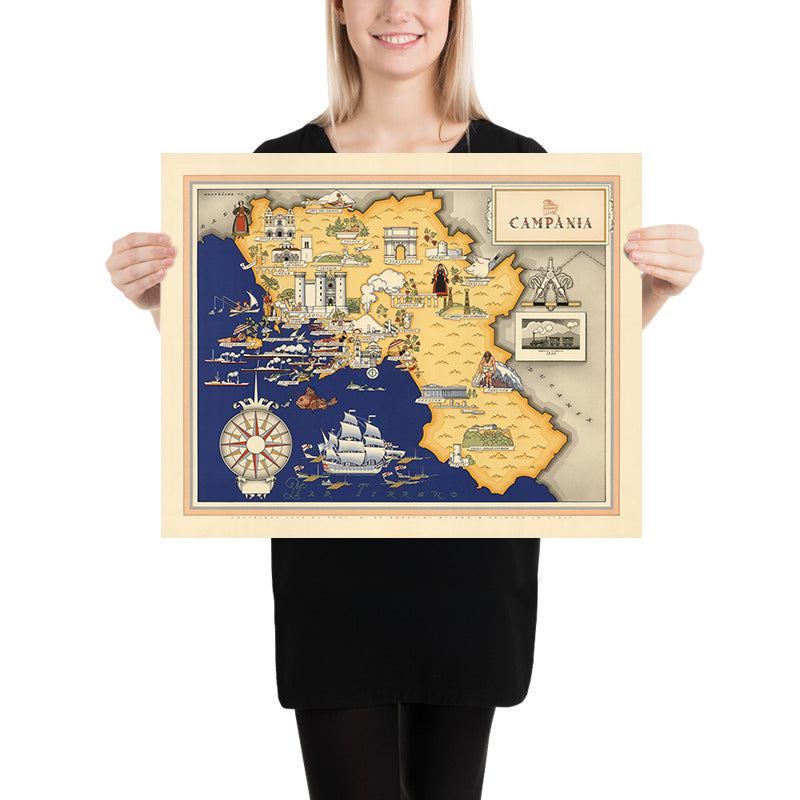 Campania Before Rome Map Old Pictorial Map of Campania by De Agostini, 1938: Pompeii, Herculane ...