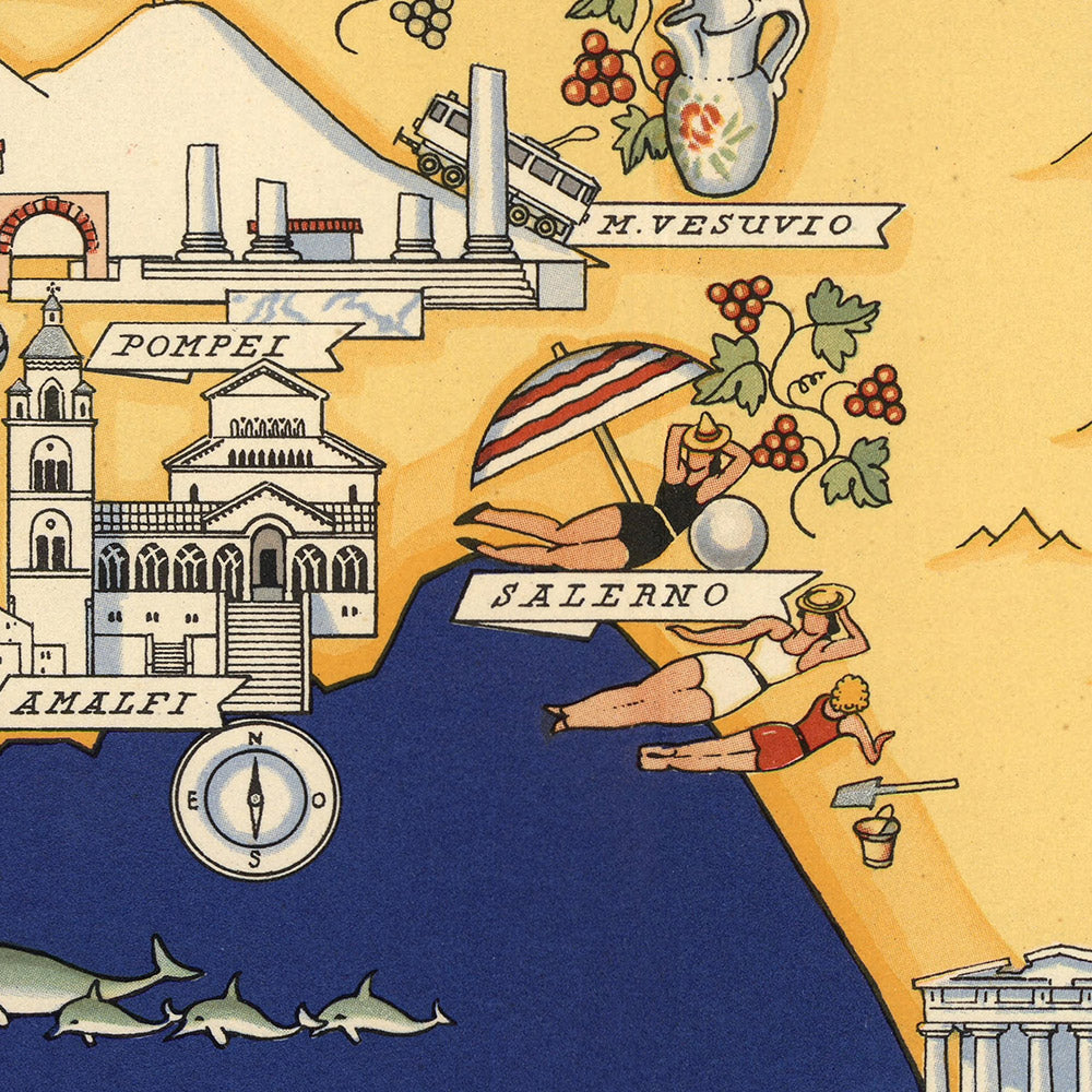 Campania Before Rome Map Old Pictorial Map of Campania by De Agostini, 1938: Pompeii, Herculane ...